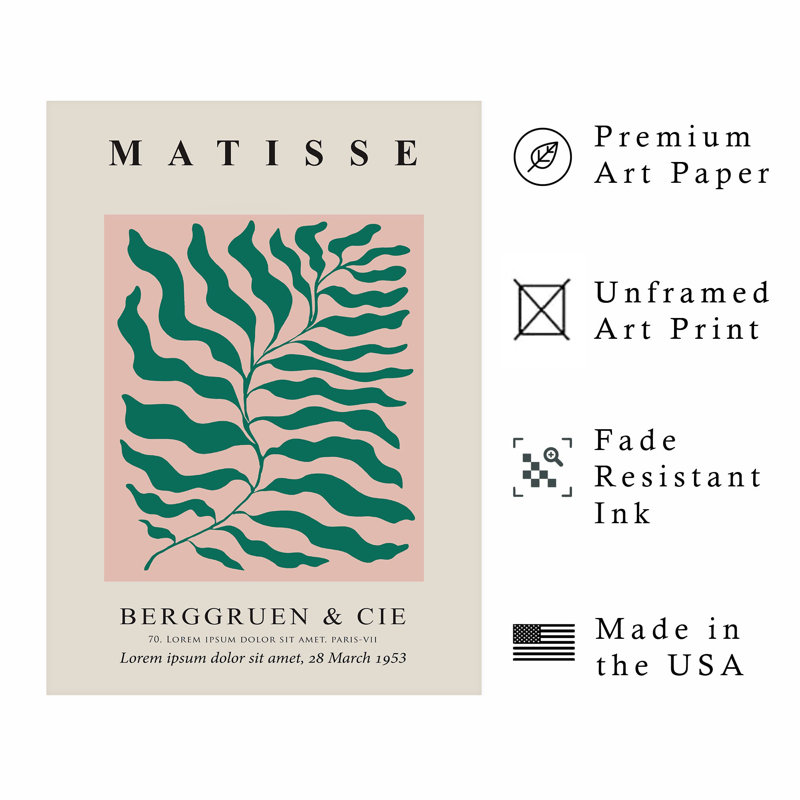 «Botanical Matisse Plant», reproduction d'art moderne sans cadre Mid-Century vert et rose, H 36 po x l 24 po