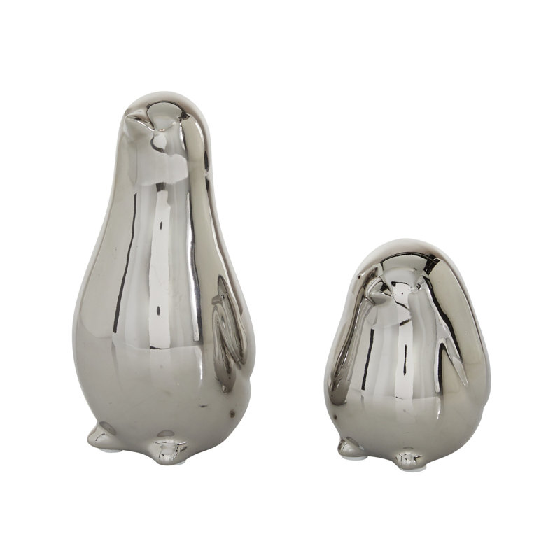 Ensemble de 2 sculptures d'oiseaux contemporaines en porcelaine argentée, 4 po, 7 po