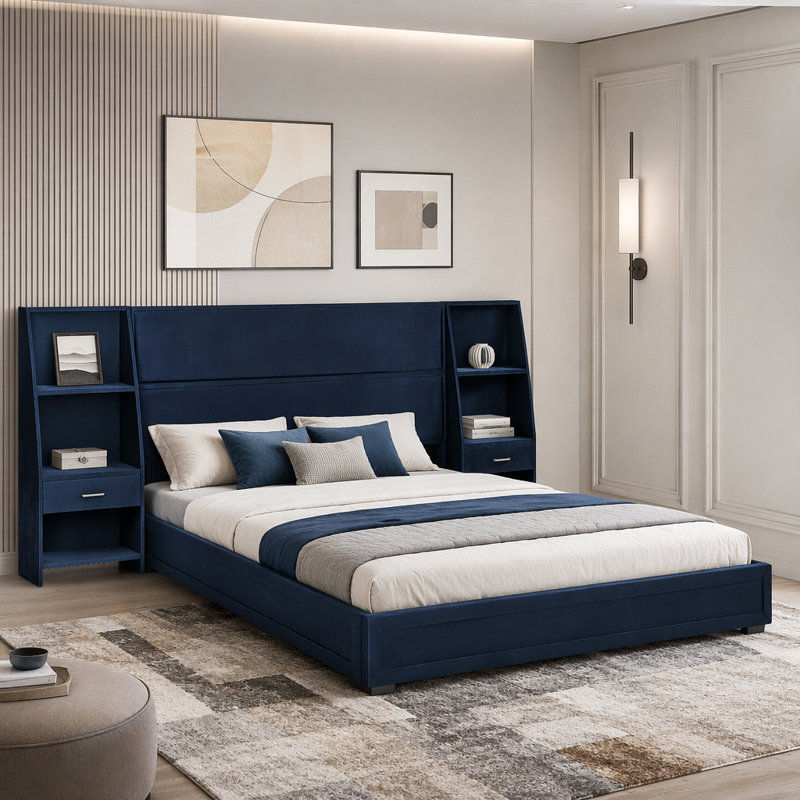 Base de lit plateforme avec rangement moderne, tête de lit tapissier avec bibliothèques latérales et tiroir, Queen, Dark Blue