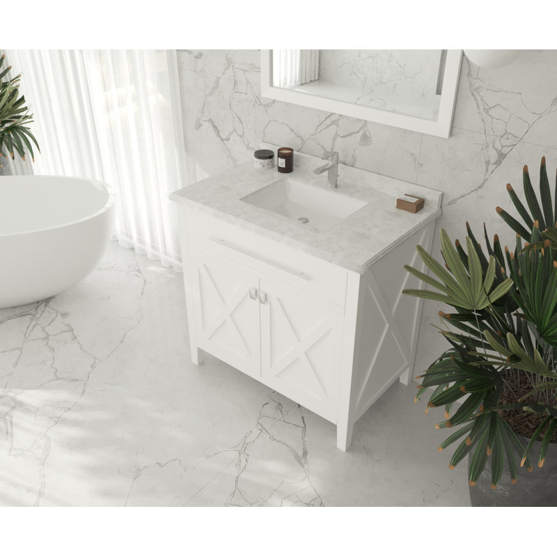 Pyles 36'' Single Bathroom Vanity with Solid Surface Top, White, White Marble