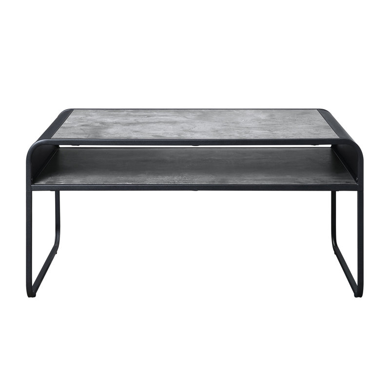 Stylish Concrete Grey And Black Coffee Table With Lower Storage Shelf Metal For Living Room Robust Frame