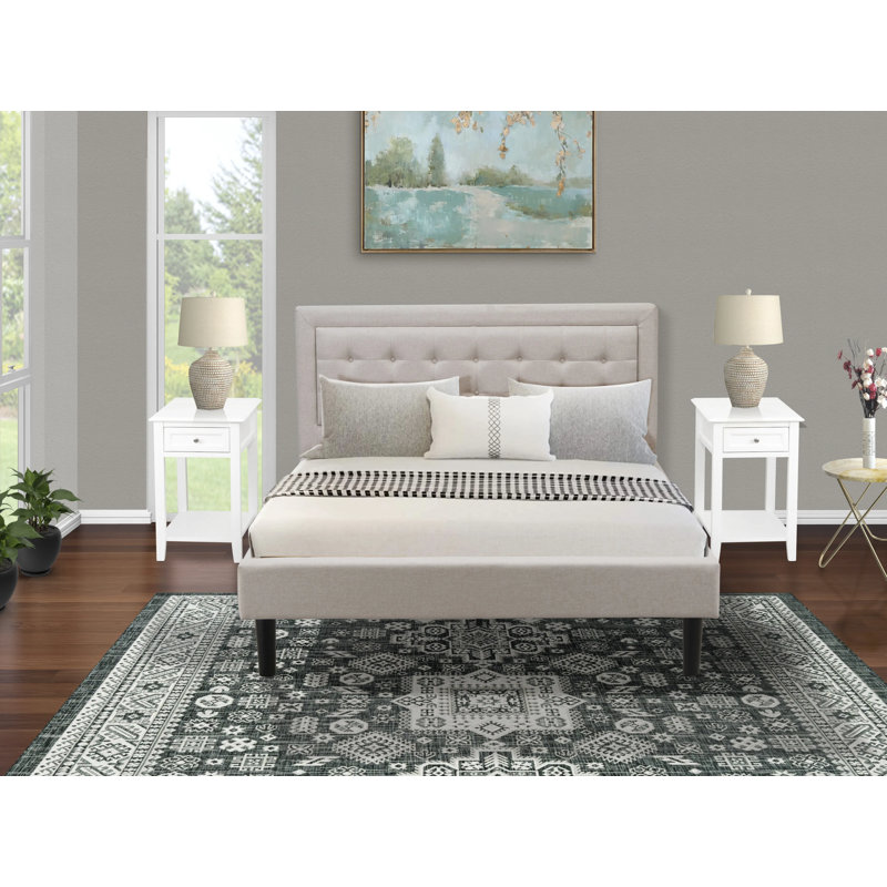 Ensemble de chambre avec grand lit 3 pièces avec 1 lit tapissier et 2 petites tables de chevet - Tissu de lin beige brume