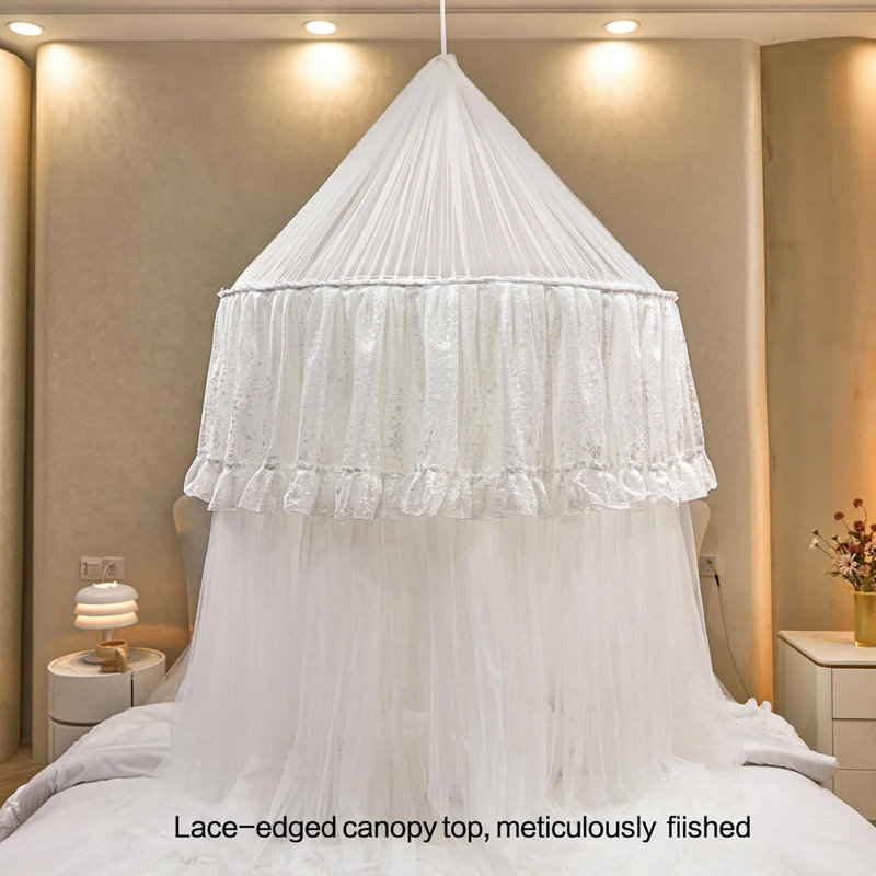 Bed Canopy  – Double Layer Sheer Mesh Dome With Romantic Lace Trim, Dreamy Mosquito Net Tent For Full/Queen
