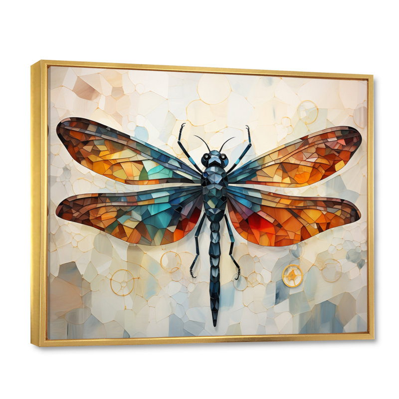Libellule orange, insectes, vol géométrique I - Libellule, art mural, Cadre flottant doré, H 12 po x l 20 po x P 1 po