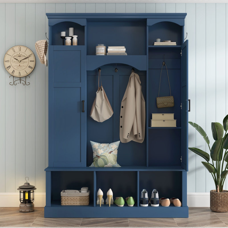 Modern All-in-One Hall Tree with Shelves, Classic Arched Farmhouse Storage Bench with Dual Side Cabinets, Elegant Entryway Organizer with 7 Hooks for Mudroom, Hallway