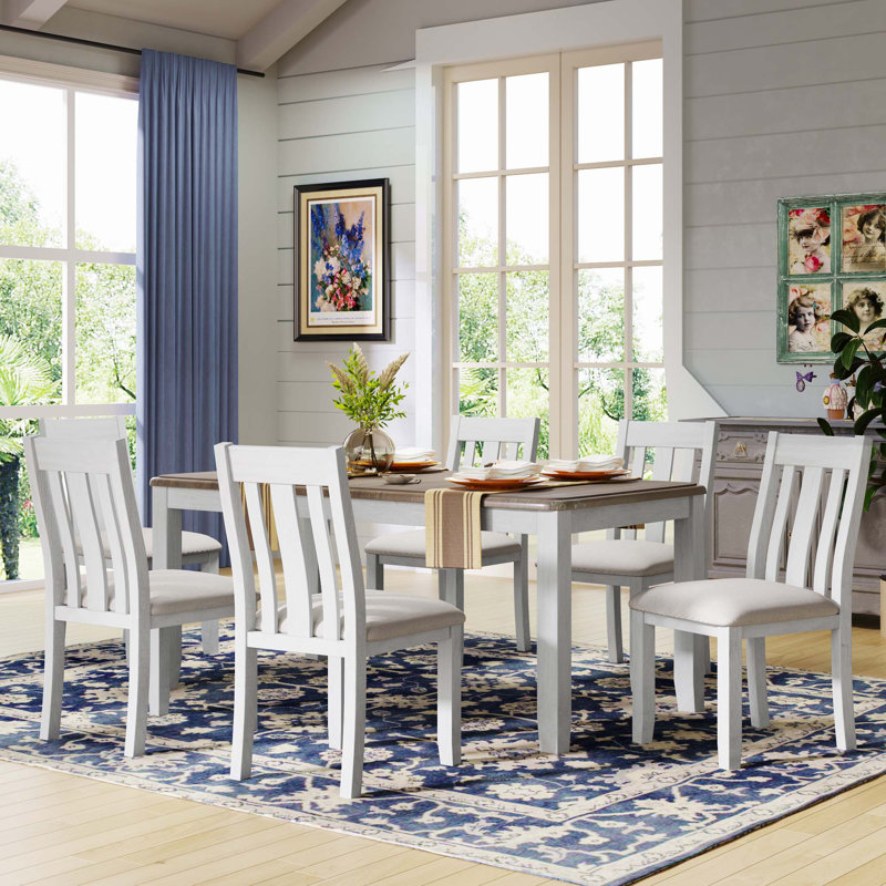 Ensemble de table de salle à manger 7 pièces avec table extensible Mancia et 6 chaises rembourrées, Gris, Beige