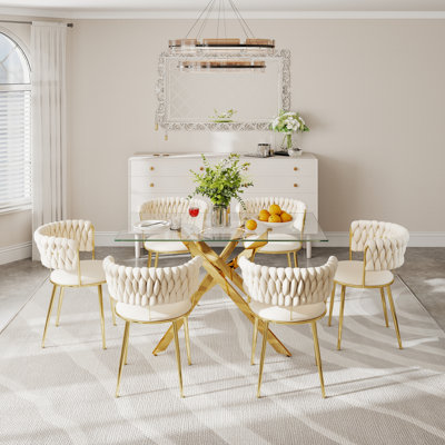 Clear Rectangle Pedestal Dining Set with Weaven Velvet Dininig Chair