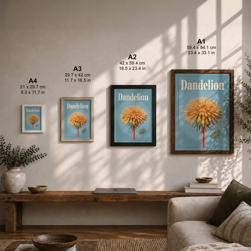 Dandelion Study Botanical - Framed Print, A2 - 59.4 x 42.0 cm, Walnut