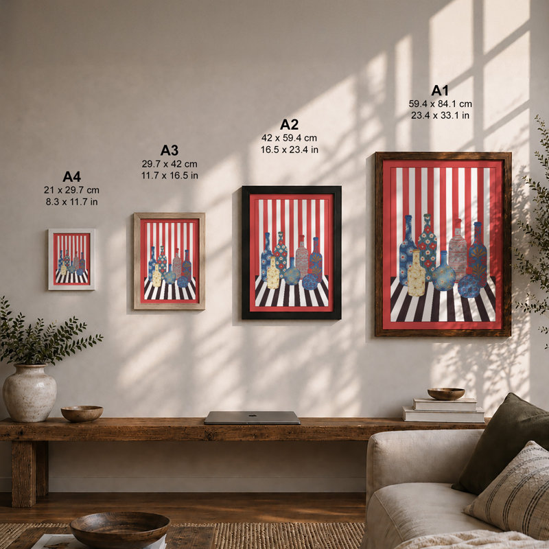 Patterned Bottles in Line Modern - Framed Print, Walnut, A1 - 84.1 x 59.4 cm