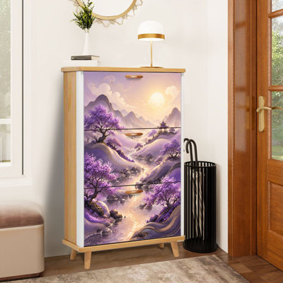 Meuble à chaussures à 3 tiroirs rabattables, décor de montagne serein, cerisiers en fleurs et ruisseau tranquille. Organisateur de chaussures mince et discret, placard en bois pour entrée, couloir, hall d'entrée, dressing ou petit espace.