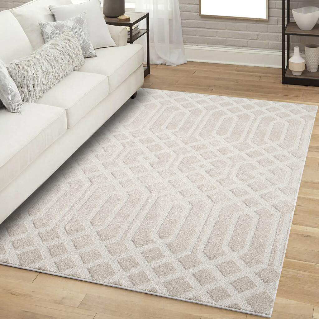 Teppich Kurzflor Wohnzimmer - Beige - Marokkanisch, Skandi - 3D-Effektt