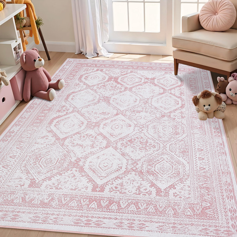 Tapis rose rétro antidérapant lavable à la machine, Rectangle 4pi x 6 pi