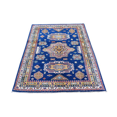 Tapis bleu denim super Kazak en laine à motif géométrique 3 pi 9 po x 5 pi 9 po 390D7742E6544D1D9CD5BE82CC279F3B