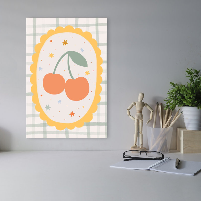 Sweet Plaid Cherries Modern Playful Whimsical Cherry Fruit Summer Wall Art Print 1 Piece Wrapped Canvas Wall Art