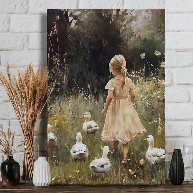 «Young Girl Walking with Ducks», peinture impressionniste sur toile tendue - H 36 po x l 24 po