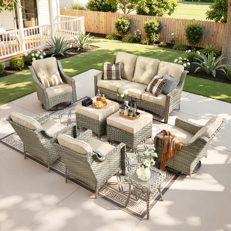 Tommy Outdoor Wicker 9 Person Seating Group With Cushions With Swivel Rocking Chairs And Side Table, Beige