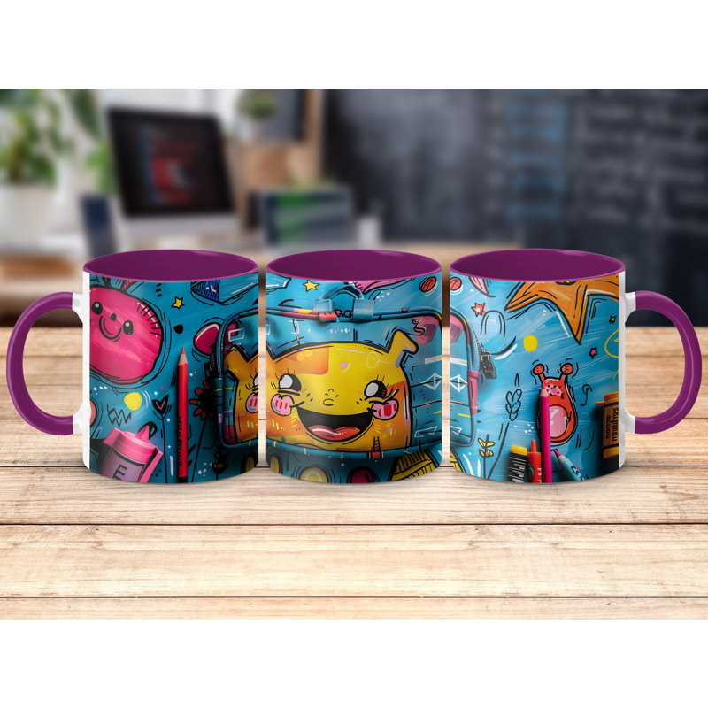 Kids Drawing Style 11oz Accent Mugs – Ceramic Coffee Cup with a Purple Handle and Interior