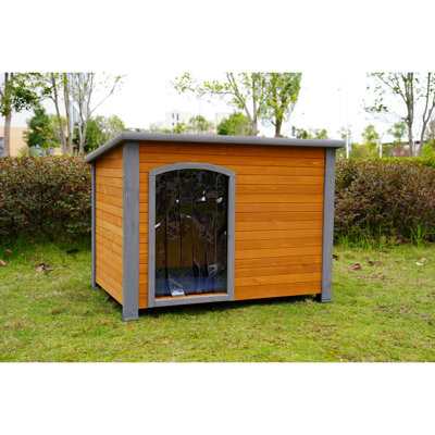 Solid Wood 45" Dog House - Heat Insulation, Waterproof, For Dogs In Winter Warm Construction, Plastic Curtain, Suitable Use