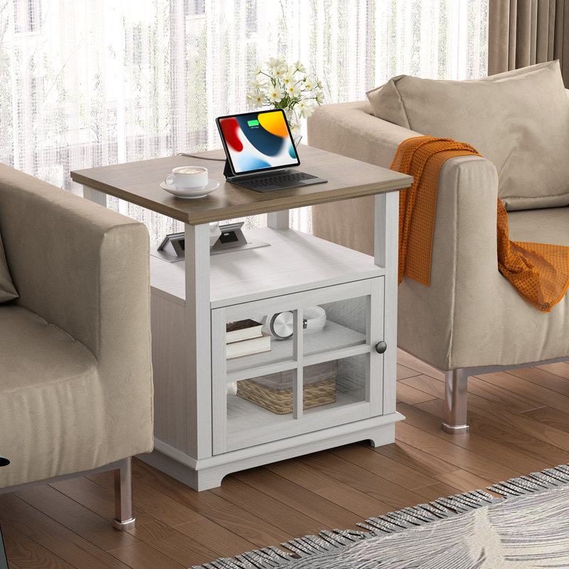 Table de bout haute de 24 po avec rangement et prises encastrées Cherelyn pour salon, table de chevet pour chambre à coucher, bureau