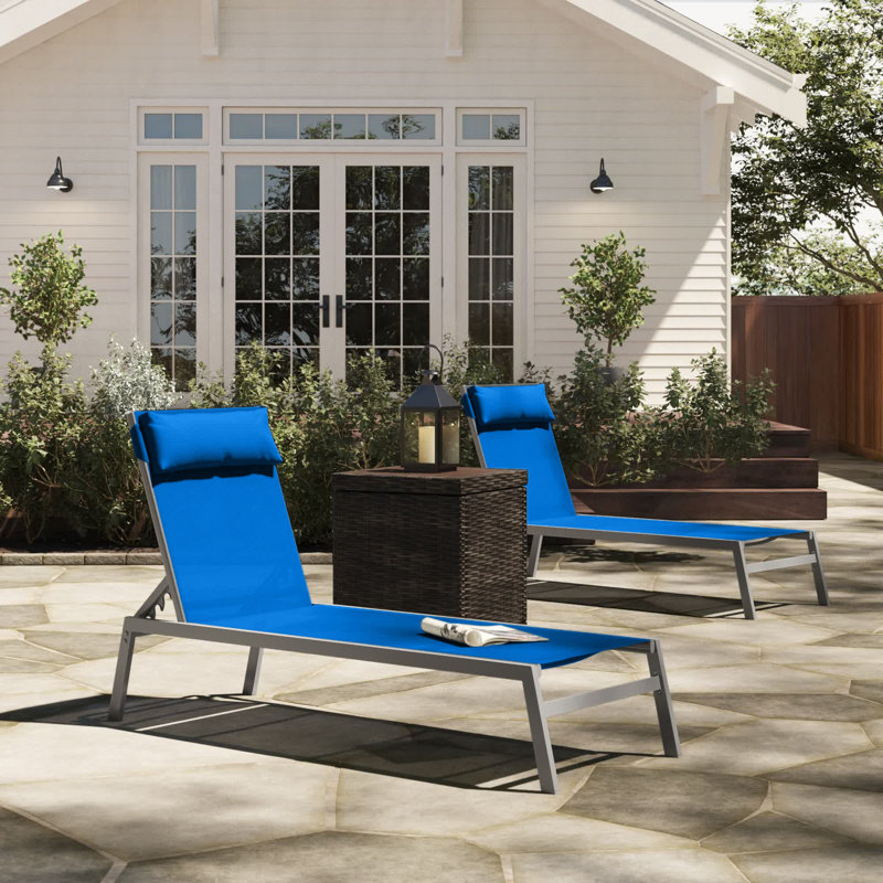 Bozeman Adjustable EDP Coated Wrought Iron Frame Breathable Textilence Chaise Lounge Chair, Blue