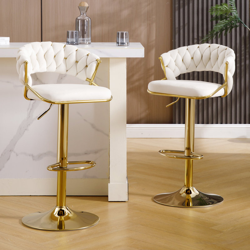 Adjustable Velvet Gold Bar Stools with Woven Open Back for Kitchen Island , Cream