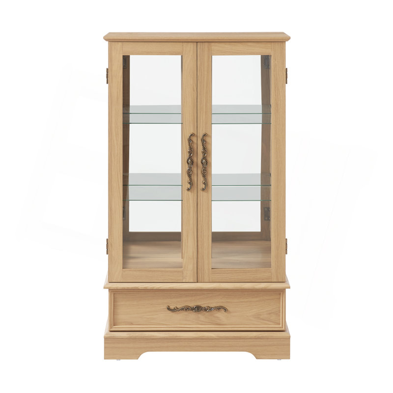 Vitrine lumineuse en verre avec tablettes réglables - 2 portes, 1 tiroir, lumières DEL, finition chêne clair élégant