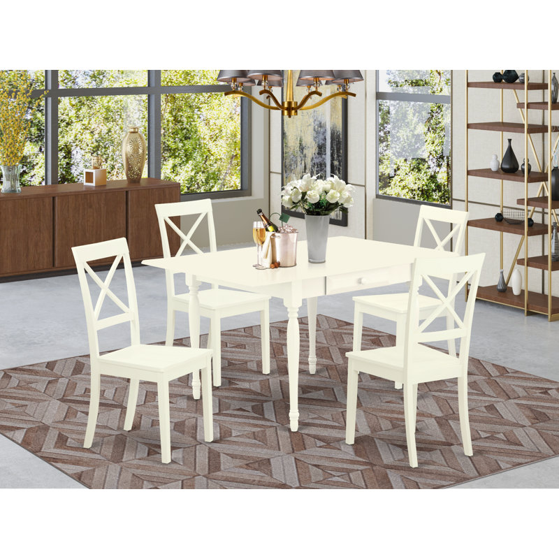 L'ensemble 5 pièces de table et chaises de cuisine comprend une table de salle à manger rectangulaire avec Dropleaf et 4 chaises en similicuir, blanc lin