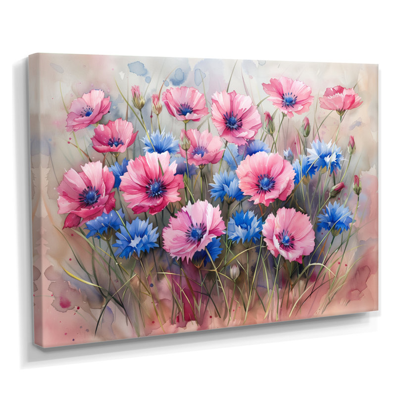 «Blue Blue Delicate Cornflower Petals I» - impression d'art mural bleuets, H 40 po x l 60 po, Toile tendue