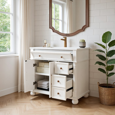 36"High-End Bathroom Vanity Sink, Roman Column Farmhouse Base with Solid Wood Frame & Metal Handles, Freestanding