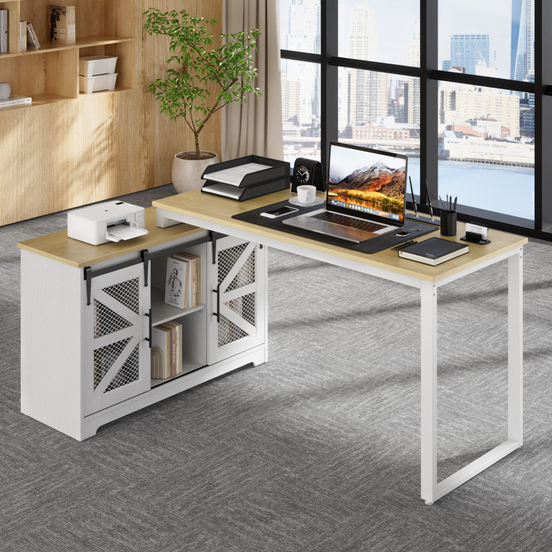 Detrell 65” L-Shape Home Office Desk with Cabinet and Sliding Barn Doors, Farmhouse Executive Desk With Outlet, Rustic Computer Desk