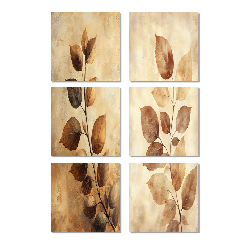 Feuilles de sépia brun délavé - ensemble de 6 impressions florales sur toile, Toile tendue, Ne s’applique pas