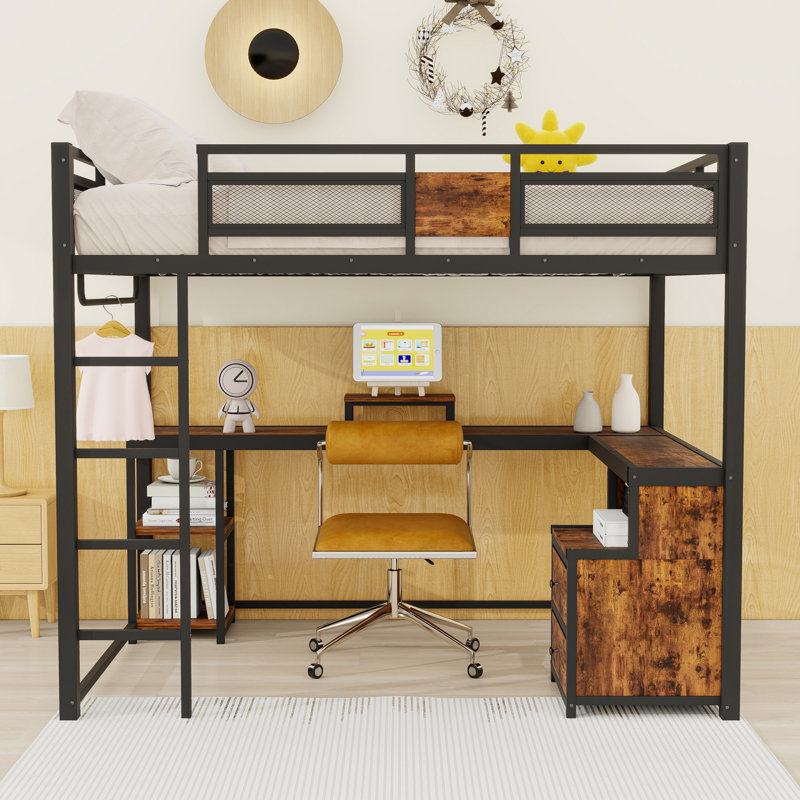 Lit mezzanine avec bureau et tiroirs de rangement
