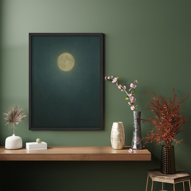 Framed Wall Art Print - Full Moon in Midnight Sky, Minimalist Celestial Art for Bedrooms or Meditation Spaces, Black