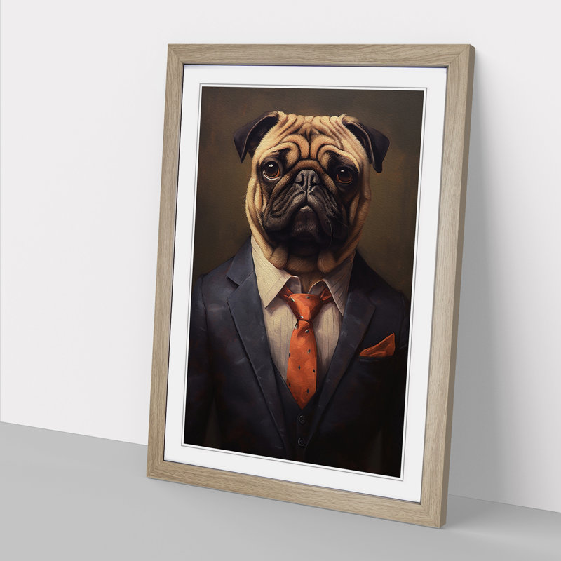 Pug In A Suit Painting No.5 - Single Picture Frame Print on Wood, Oak Framed, 46cm H x 34cm W x 2cm D
