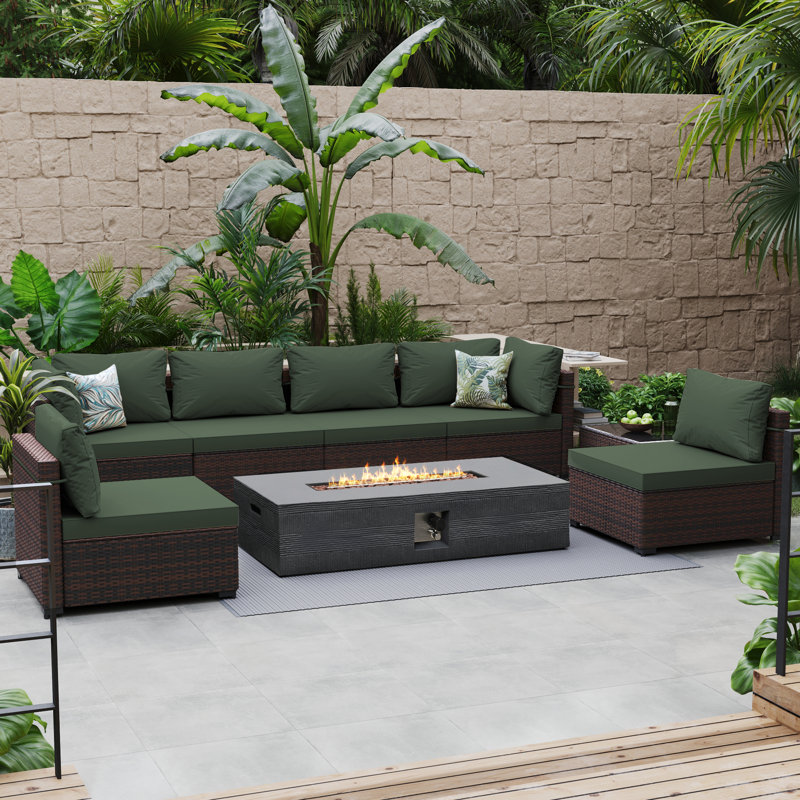 8-Piece Rattan Patio Conversation Set with Cushions and 56-Inch Outdoor Fire Pit Table, Pine Green