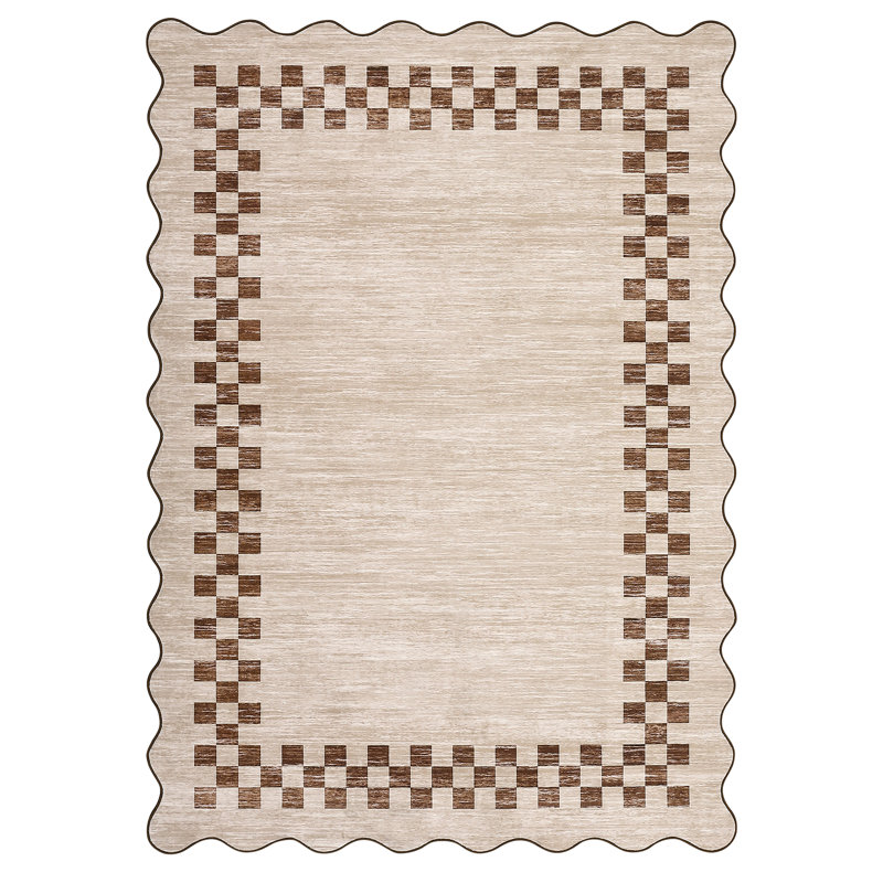 Scalloped Area Rug Modern Bordered Accent Carpet, Non-Slip Geometric Floor Cover, Stain-Resistant Low Pile Indoor Mat, Easy to Clean Rugs