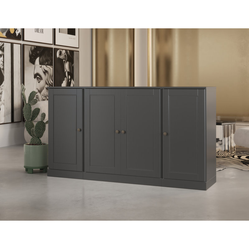 100% Solid Wood 65" Sideboard with Solid Doors, 2-Drawers and Adjustable Shelves, Gray
