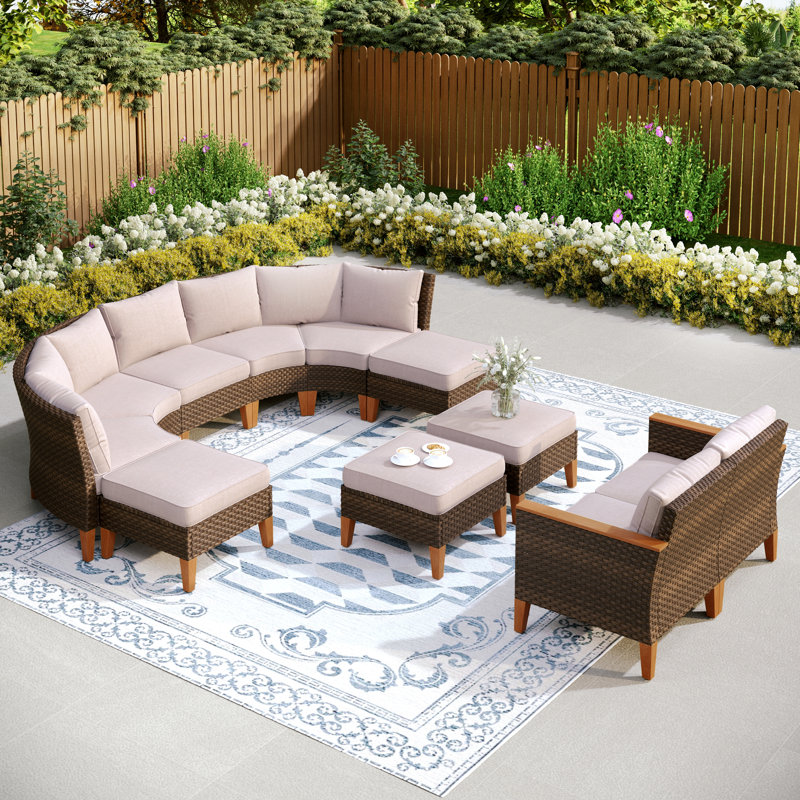 Salem 11 Piece Wicker Outdoor Patio Conversation Furniture Sectional Set with Cushions, Beige