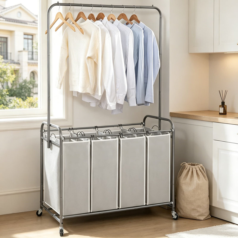 Laundry Sorter with Hanging Bar, Portable Rolling Laundry Hamper Cart with Heavy Duty Lockable Wheels and Removable Bags, 181L 4-Section Laundry Basket Organizer