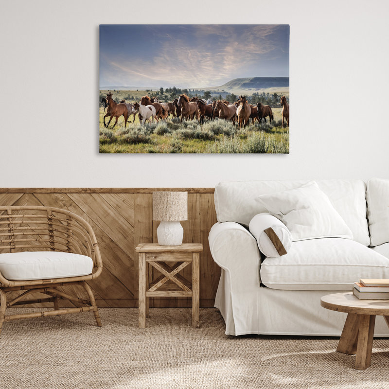 Art mural sur toile Bustling Horse Herd in Nature, design par PHBurchett, H 30 po x l 45 po