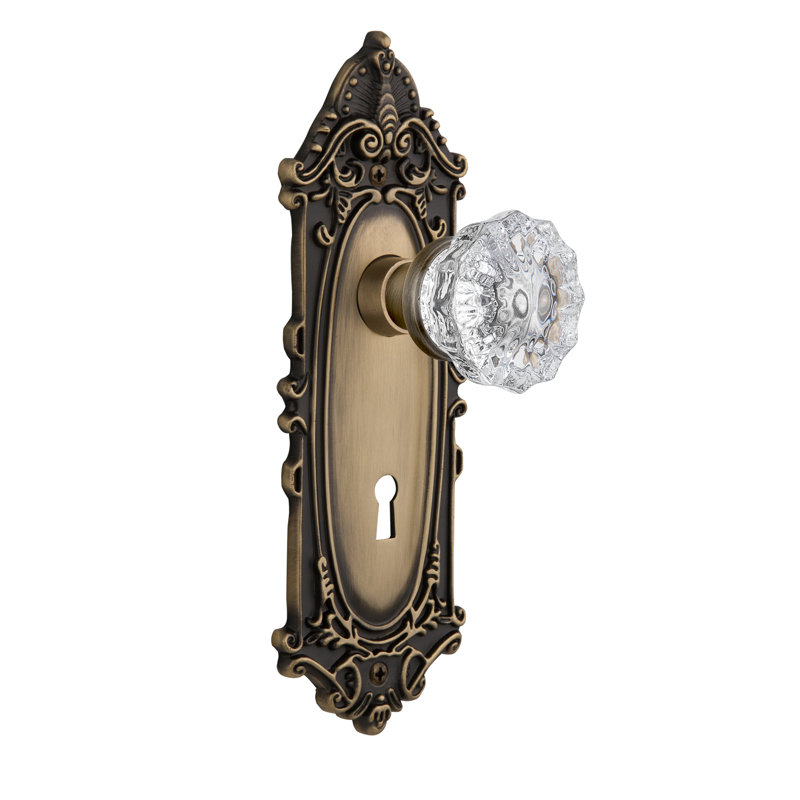 Clear Crystal Interior Mortise Door Knob with Victorian Long Plate, Antique Brass