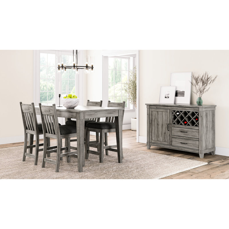Desserte rustique grise pour le rangement du vin avec deux tiroirs et une armoire avec tablettes, prête à alimenter, d'une largeur de 52 pouces, d'une hauteur de 36,5 avec tiroirs de rangement,
