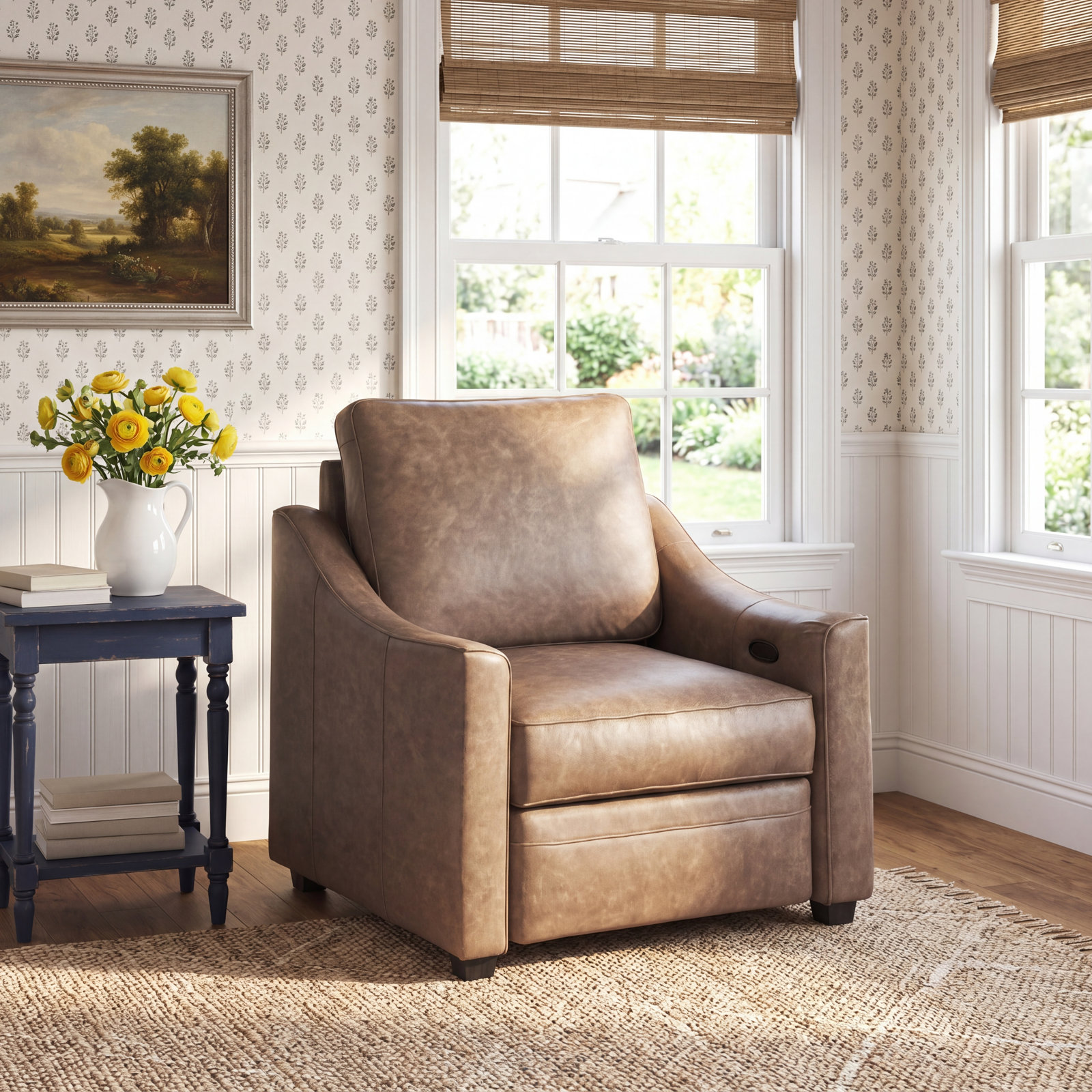 Angelina Genuine Leather Upholstered Recliner, Light Brown