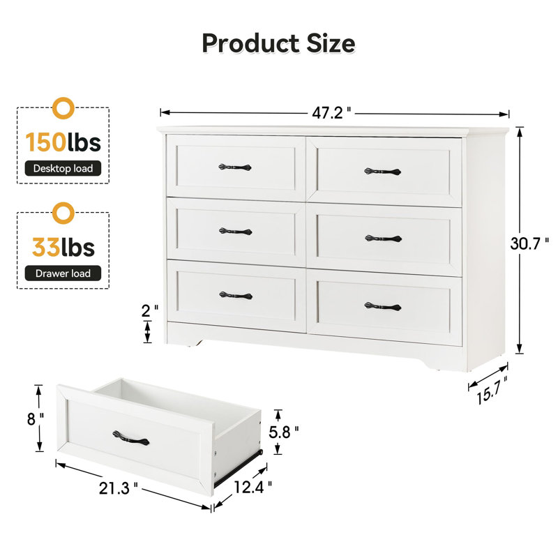 6 Drawers Dresser For Bedroom,Chest Of Drawers With Wide Metal Handle, White