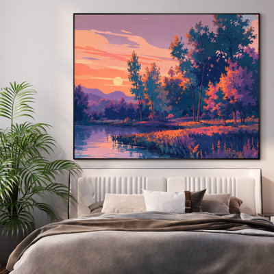 Très grande reproduction d'art sur toile - Paysage de coucher de soleil vibrant avec des silhouettes d'arbres sur une rivière calme, reflet d'un ciel rose et orange chaud pour le salon ou la chambre à coucher - «Assemblage requis du cadre (cadre non fini)»
