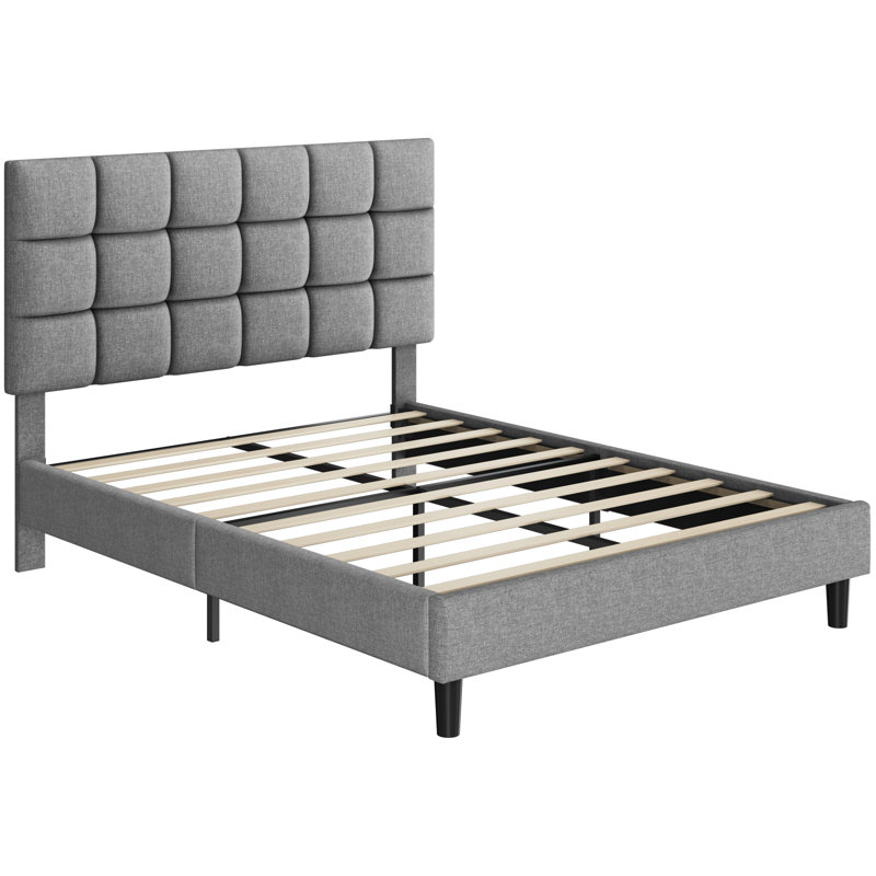Size Modern Upholstered Bed Frame with Adjustable Square Tufted Headboard, Kingsize (5'), Light Grey