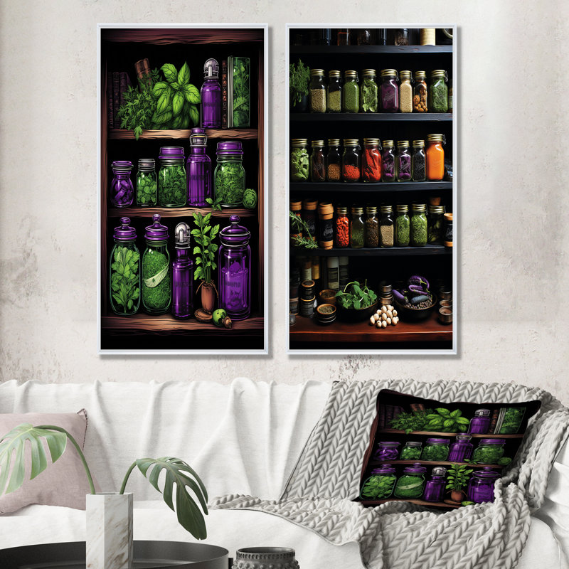«Herbs Garden Pottery I», ensemble de 2 impressions sur toile Herbs, Cadre flottant blanc, H 28 po x l 25 po