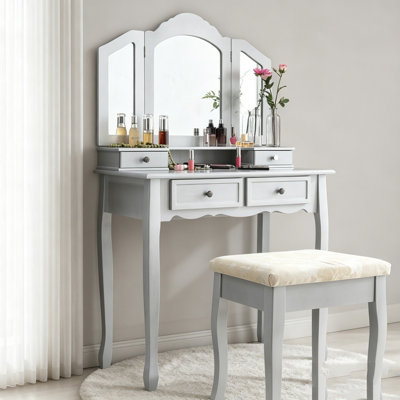 Elegant Wooden Vanity Set with Tri-Fold Beveled Mirror and 4 Drawers