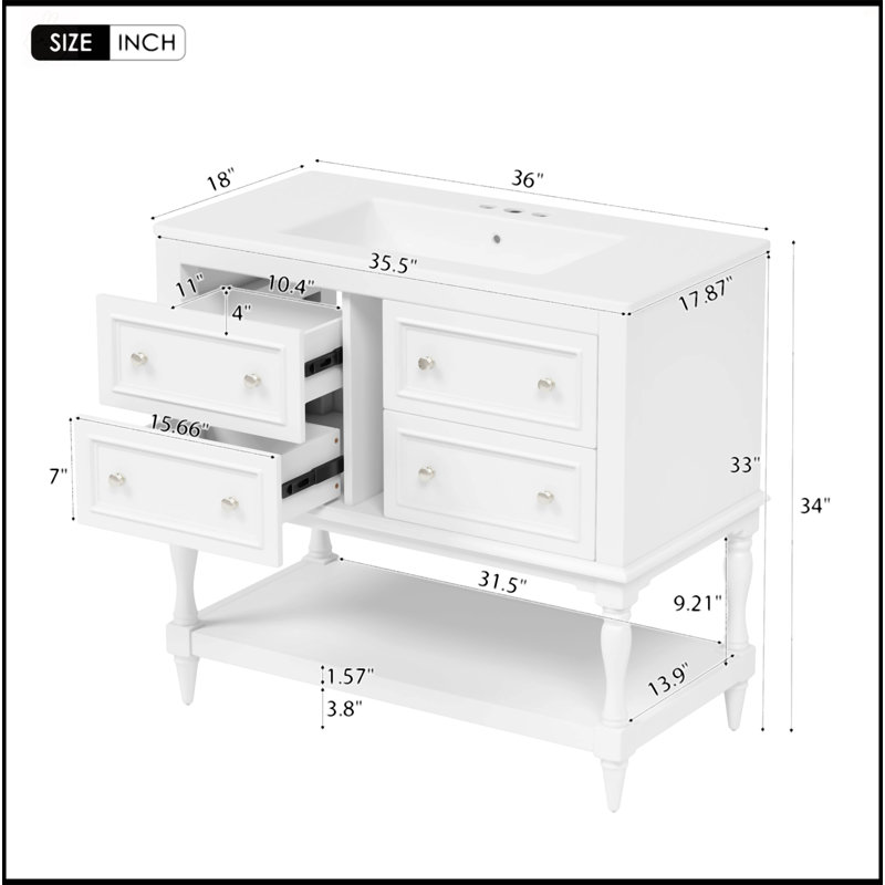 Meuble-lavabo autoportant de 36 pouces avec lavabo sous-comptoir en céramique, 4 tiroirs et structure en bois massif noir