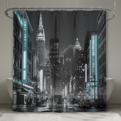 Cityscape Neon Lights Shower Curtains Extra Long